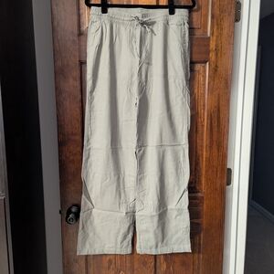 Relaxed Drawstring Wide Leg Linen Pants - Light Gray